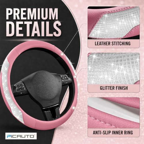 PIC AUTO Steering Wheel Cover, Sparkly Crystal Bling Glitter - Image 4