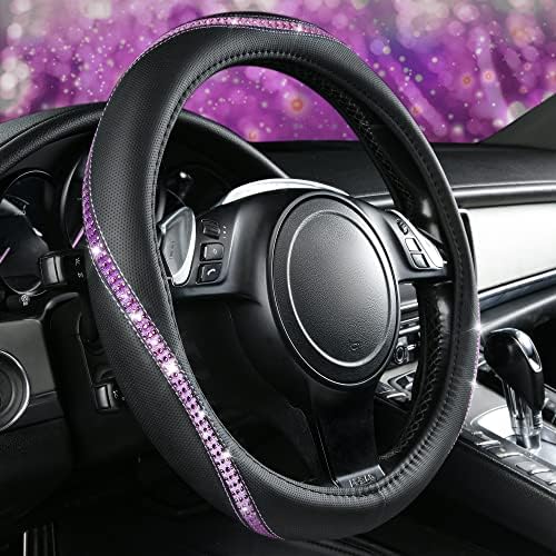 CAR PASS Bling Diamond Black Leather Steering Wheel Cover, Studded Crystal - Image 3