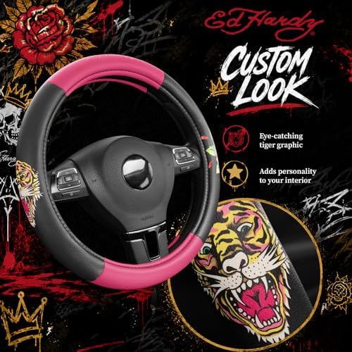 ED HARDY Tiger Print Steering Wheel Cover, Hot Pink Leather Universal Car - Image 3