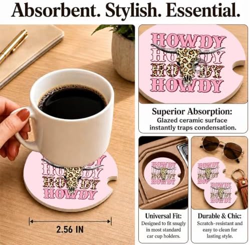 Pink Western Cowgirl Car Coasters, Howdy Retro Coquette Cup Holders - Image 3