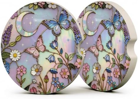 Butterflies Stained Glass Car Coasters, Dreamy Moom Floral Cup Holders by Unknown