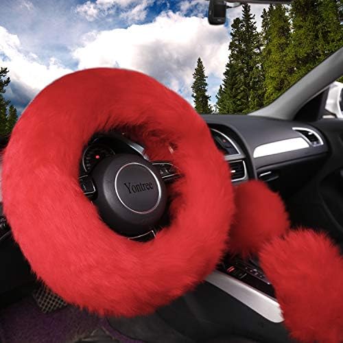 Red Fluffy Sheepskin Car Steering Wheel Covers by Yontree