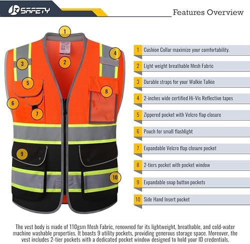 JKSafety Hi Vis Safety Vest for Men Women Cushioned Collar JK101 OBlack L - Image 4