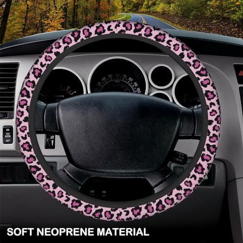 Pink Leopard Print Elastic Steering Wheel Cover, Non-Slip Breathable Neoprene - Image 3