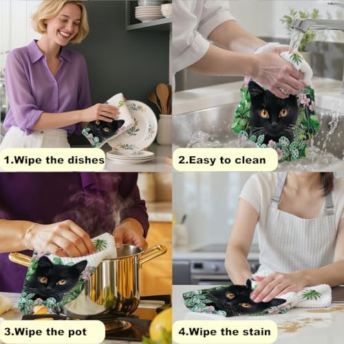 Cute Cat Tropical Plants Kitchen Towels, Spring Summer Greenery Hand Towels - Image 6