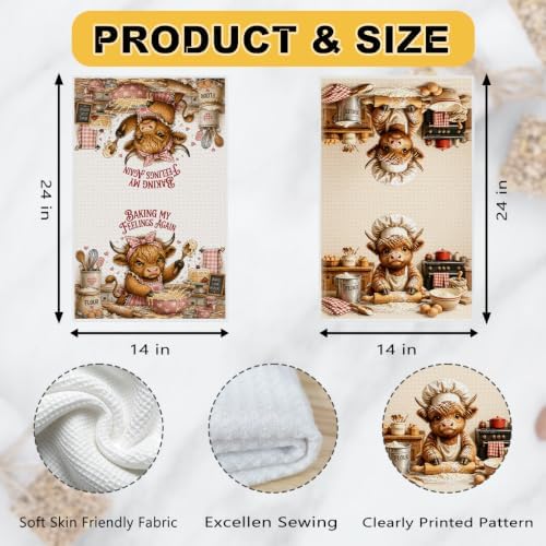 2 Pcs Baking My Feelings Again Kitchen Towels, Cows Soft Waffle Hand Towels - Image 3