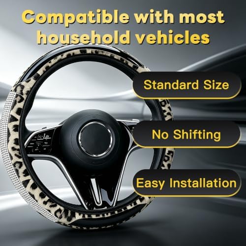 Bling Rhinestone Cheetah Steering Wheel Cover Leather White - Image 4