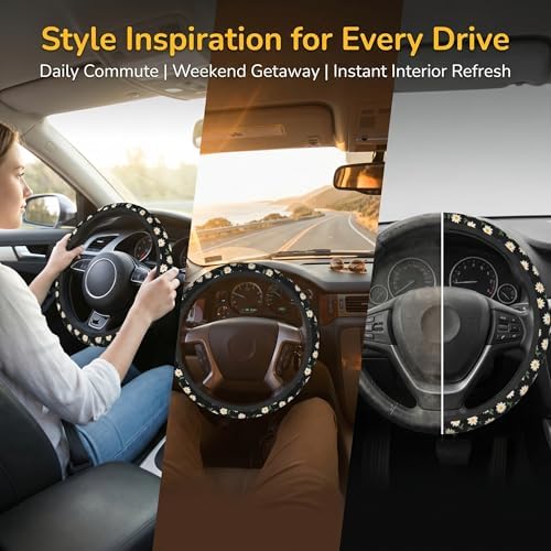 Daisy Flower Steering Wheel Cover 15 Inch + 2Pc Cute car Coasters Set - Image 3
