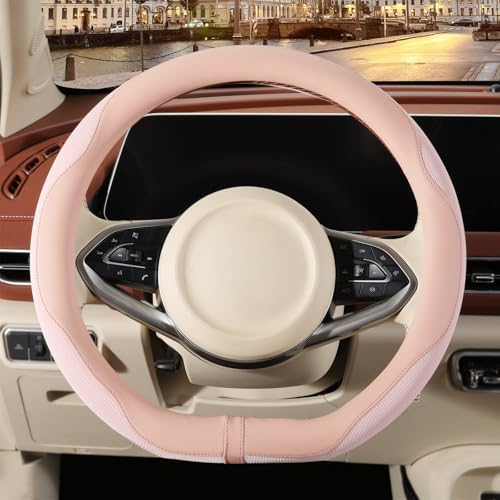Nappa Leather Pink D Shaped Steering Wheel Cover Women 14 inch by Binsheo