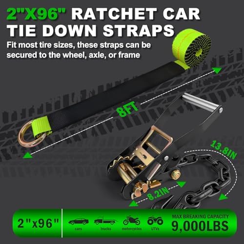 2"x96" Ratchet Car Tire Tie Down Strap w/Chain Hook Anchor 9900LBS - Image 2