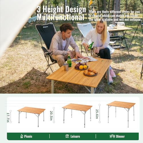 KingCamp Bamboo Folding Camping Table, 4-Fold Adjustable Outdoor Table - Image 6