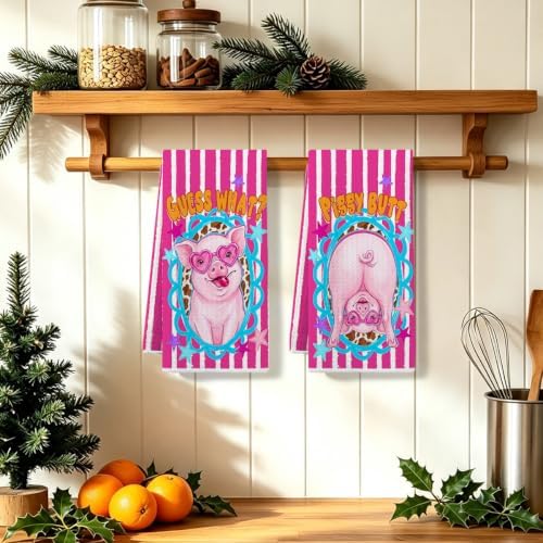 2 Pcs Funny Piggy Kitchen Towels, Soft Absorbent Waffle Hand Tea Towel - Image 5