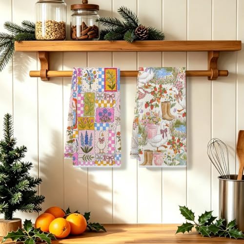 2 Pcs Cute Goose Kitchen Towels, Floral Farm Soft Absorbent Hand Tea Towel - Image 5