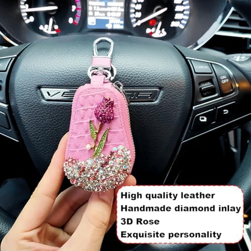 Mandark Bling Car Key Case, Genuine Leather Crystal Rhinestone Vehicle Key Fob - Image 5