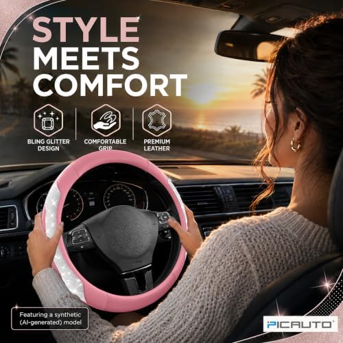 PIC AUTO Steering Wheel Cover, Sparkly Crystal Bling Glitter - Image 3