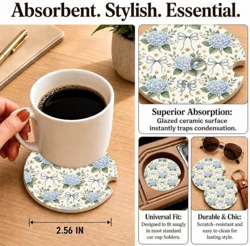 Blue Hydrangea Bow Coquette Car Coasters, Retro Floral Cup Holders - Image 3