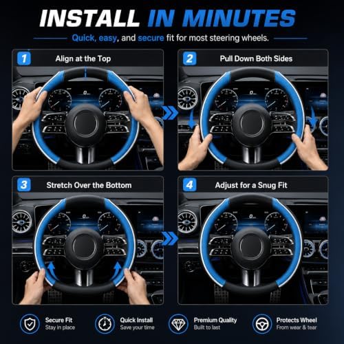 Car Steering Wheel Cover PU Leather Anti-Slip Protector Blue - Image 5