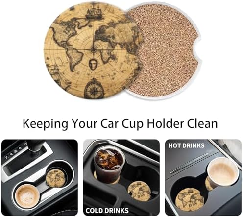 Cup Holder for Car, Rustic Ancient World Map Print Ceramic Coasters Non-Slip - Image 6