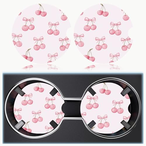 Ceramic Car Cup Holder Coasters Set of 2, 2.56 in Pink Bow Cherry - Image 6
