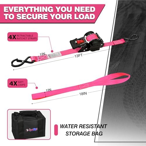 Retractable Ratchet Straps 1" x 13 Ft, 800 Lbs, 4 Pack - Image 2
