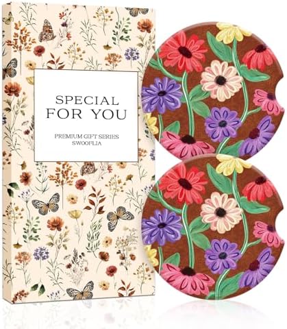 Swooflia Elegant Ceramic Car Coasters Vintage Bright Floral Car Decor by Swooflia