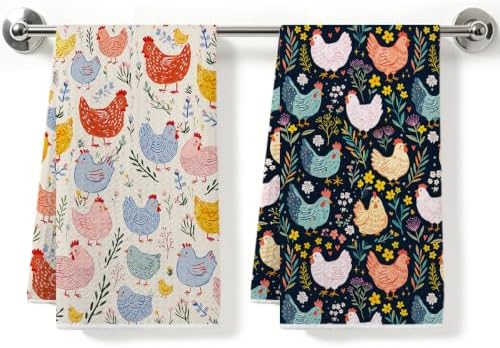 2 Pcs Cute Chicken Kitchen Towels, Floral Soft Absorbent Hand Tea Towel 01 by ZHAMEN