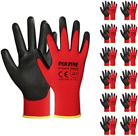 DULFINE Safety Work Gloves for Men & Women 12 Pairs, PU Coated Red XS by DULFINE