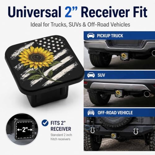 Sunflower American Flag Black 2" Hitch Cover, Rubber Towing Hitch Covers Hitch - Image 4
