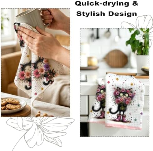 2 Pcs Funny Cat Kitchen Towels, Cat Theme Soft Absorbent Hand Tea Towels 04 - Image 6