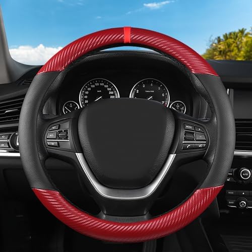 Black & Red Carbon Fiber Leather Steering Wheel Cover, 14.5-15 Inch Non-Slip by ExquisiteCarAccessories