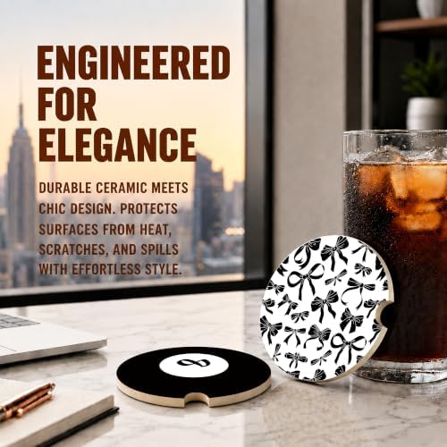 Black White Bow Car Coasters, Pool 8 Ball Retro Coquette Cup Holders - Image 5