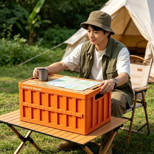 50L Orangered 2 Pack Collapsible Storage Crate Wooden Lid Stackable Bin - Image 2