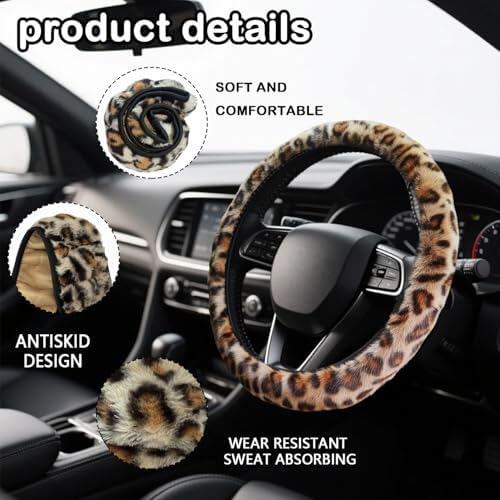 Brown Leopard Print Fuzzy Steering Wheel Cover Universal-2PCS Car Coasters - Image 3