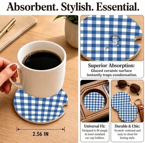 Blue Buffalo Plaid Car Coasters Set of 2, Coquette Preppy Cup Holders - Image 3