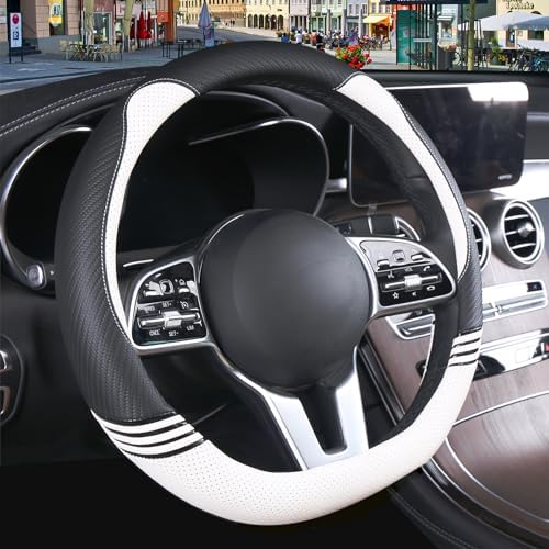 15 inch Cute Leather D Shape Steering Wheel Cover Black White - Image 2