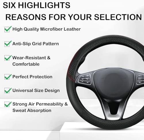 Leather Patchwork Black Steering Wheel Cover, 14.5-15 Inch Non-Slip Breathable - Image 6