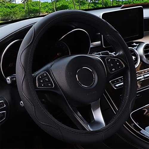 Elastic Steering Wheel Cover Black Leather Universal 14-15 inch by Muamos