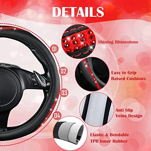 CAR PASS Bling Diamond Black Leather Steering Wheel Cover, Studded Crystal - Image 5