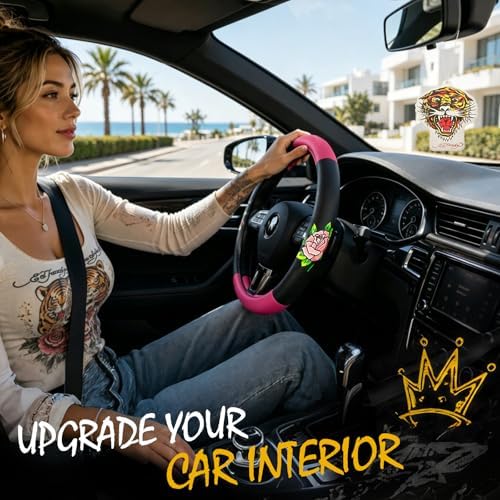 ED HARDY Tiger Print Steering Wheel Cover, Hot Pink Leather Universal Car - Image 2