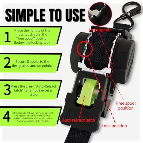 Retractable Ratchet Straps 1''x 12ft Heavy Duty Tie Downs Bolt on Auto Retract - Image 3
