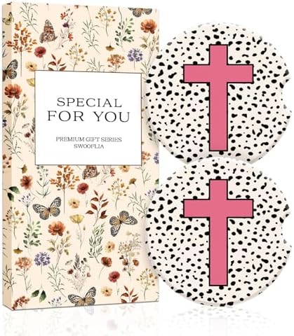 Swooflia Elegant Ceramic Car Coasters Pink Polka Dot Cross Car Decor by Swooflia