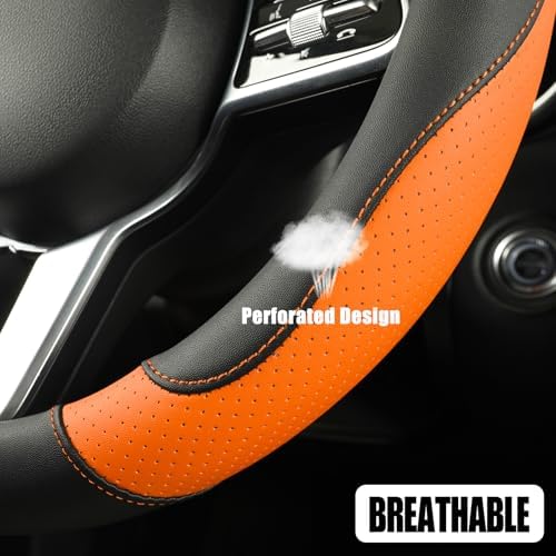 Black Orange Microfiber Leather Steering Wheel Cover 15 inch - Image 3
