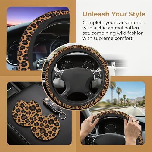 Cheetah Print Steering Wheel Cover 15In + 2 Leopard Car Coasters - Image 4