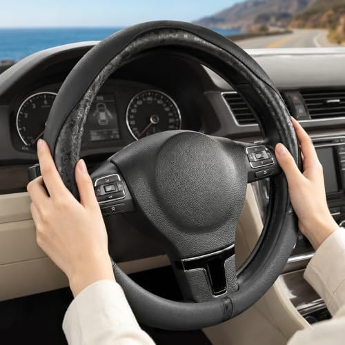 Black Patterned Leather Patchwork Steering Wheel Cover, 14.5-15 Inch Universal - Image 4