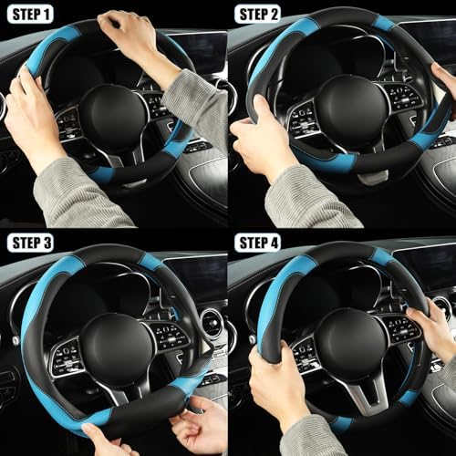 Black Blue Breathable Microfiber Leather Steering Wheel Cover - Image 6