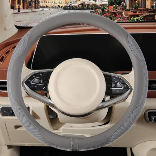 Nappa Leather Ice Silk Fabric Grey Steering Wheel Cover - Image 2