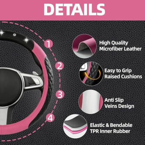 NBTEPEM 10 Pcs Bling Pink Car Floor Mats Set, Leather Pink Steering Wheel - Image 2