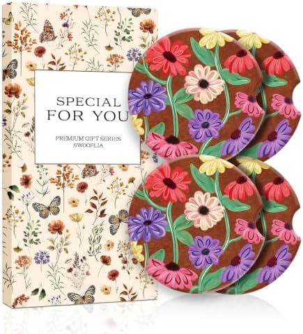Swooflia Elegant Ceramic Car Coasters 4 Pcs Vintage Bright Floral Car Decor by Swooflia