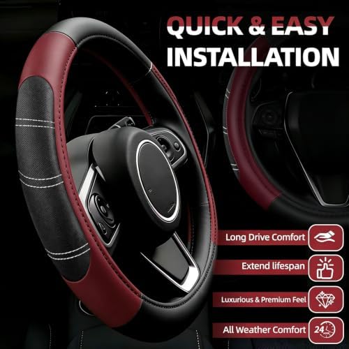 NBTEPEM 6 Pcs Burgundy Red Steering Wheel Cover Set, Sport Microfiber Leather - Image 2