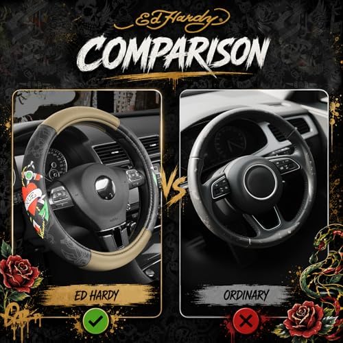 ED HARDY Heart Print Steering Wheel Cover, Fits 14.5-15.5 Inch Steering Wheels - Image 6